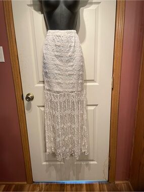 No Boundaries White Lace Maxi Skirt with Fringe Hem